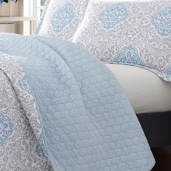 cxmicrotex Biancheria da letto Set trapunta 3 pezzi Copriletto damascato blu reversibile